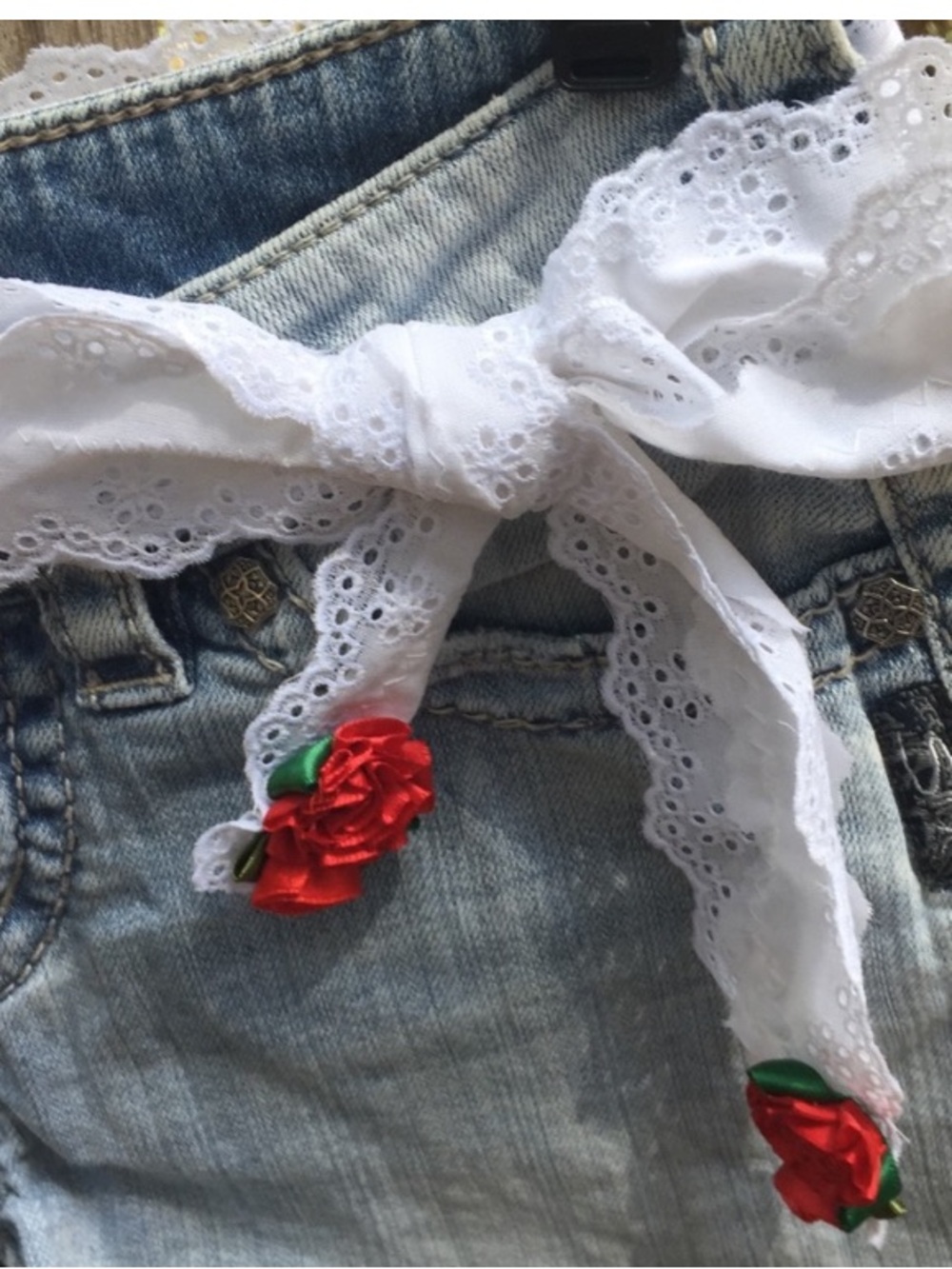 Hand Crafted Light Blue Denim Jean Shorts with White Lace & Red Rose Accents - Picture 2 of 11